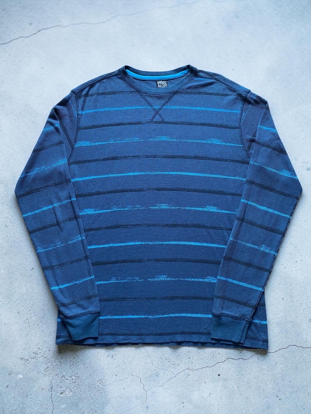 VTG First Wave Boys Long Sleeve Shirt 18/20 Waffle Knit Blue Striped Crewneck